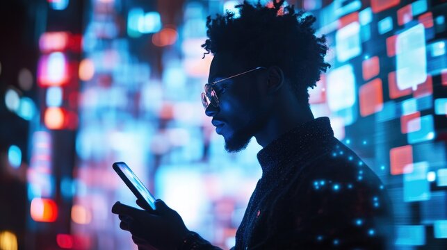 Individual Interacting With A Smartphone, With Animated Streams Of Social Media, E-Commerce, Internet Influencers, And Games. Digital Network Visualization.