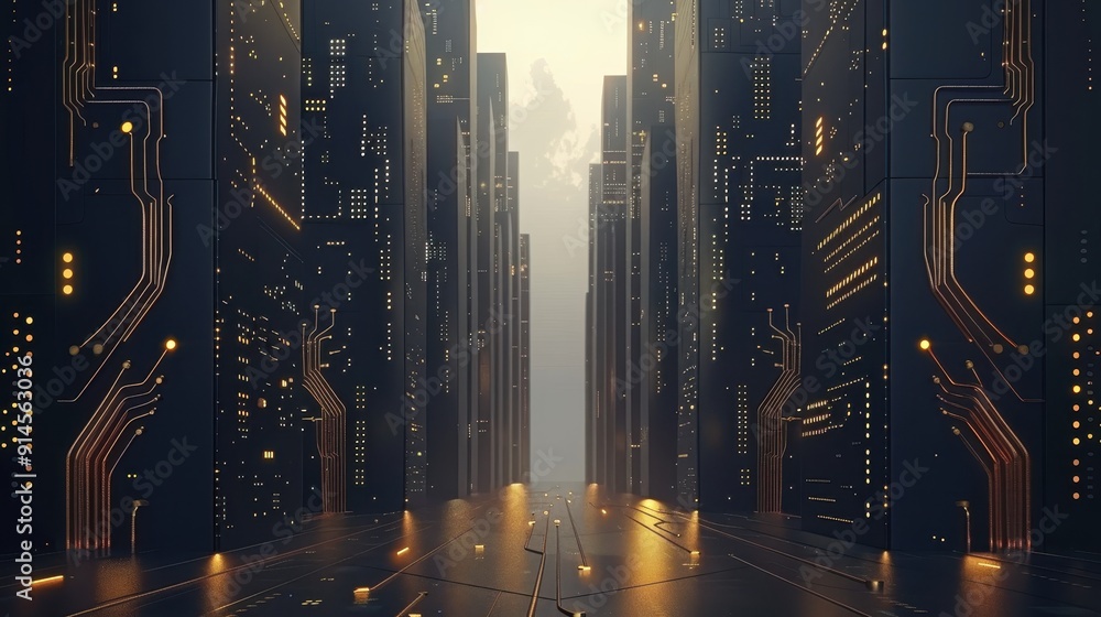 Poster futuristic cityscape with circuit-like patterns and illuminated elements, suggesting a theme of adva