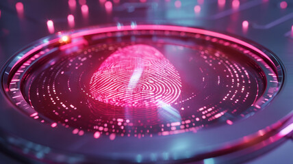 Glowing fingerprint scanner interface in a futuristic design.