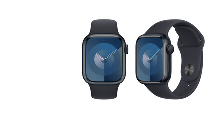 Closeup of blue smartwatches with grey wristband, isolated on white copy-space background.