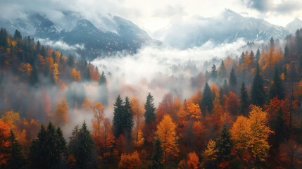 misty autumn forest landscape with colorful trees and foggy mountains in the background. An aerial view of a nature scene 