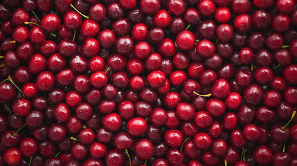 pile of fresh cherries, top view, vibrant red color 