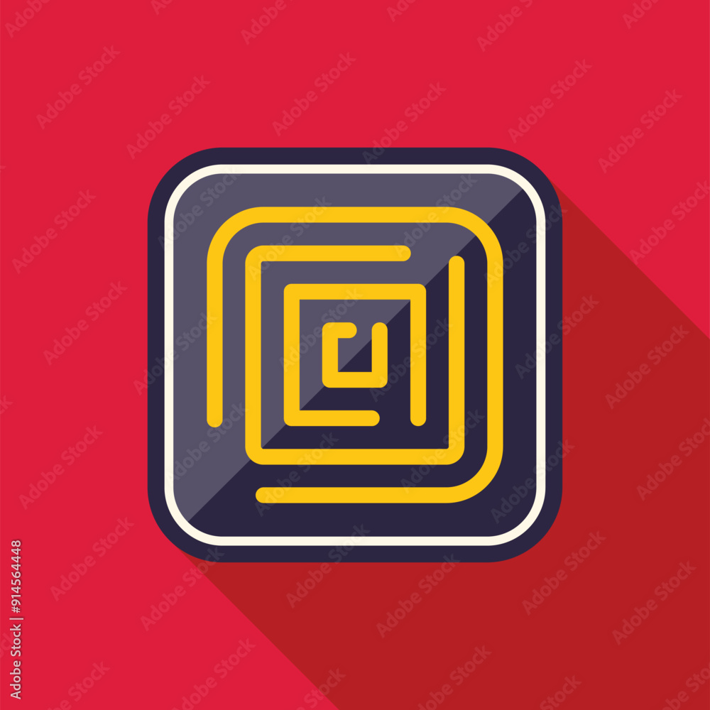 Aufkleber yellow square labyrinth inside a rounded square with long shadow over red background