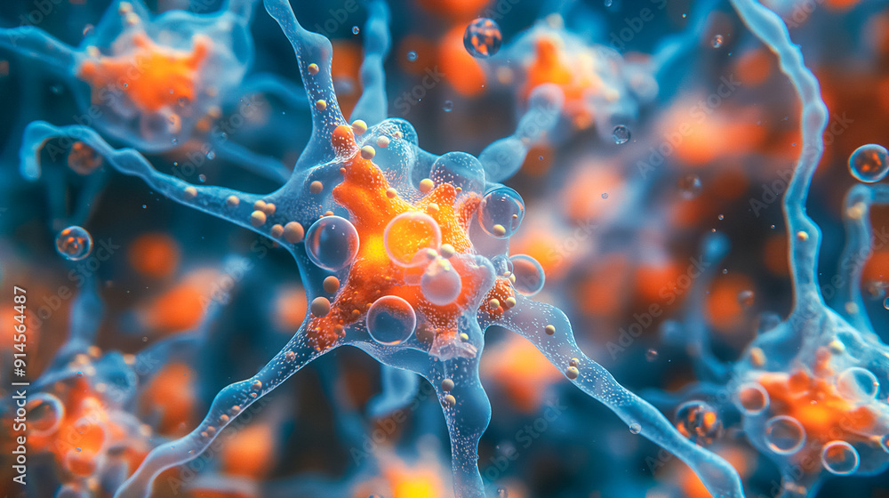 Poster closeup view of neurons and synapses in the brain, exploring complex biological interactions