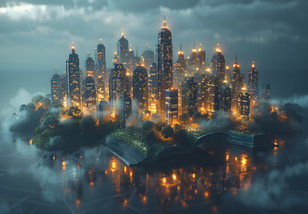 Fototapeta premium Beautiful scenes of modern city skyline pop up in the open book pages with smart home-controlled wireless connections iot automation system design
