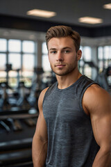 Fototapeta premium portrait of a fit caucasian male fitness instructor in a gym