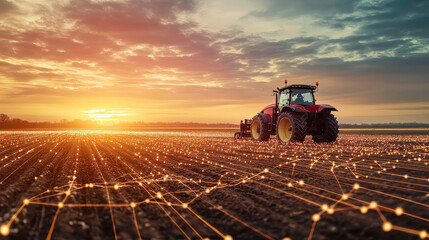 A modern tractor plowing a vast field at sunrise with a futuristic digital overlay, symbolizing the intersection of agriculture and technology.