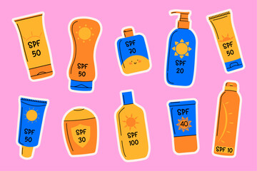Various SPF sticker set. Isolated hand drawn sunscreen bottles. Oil, balm, spray, lotion, cream. Sunblock, UV protection, beauty routine.Perfect for summer designs, skincare promotions.