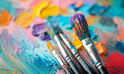 Obraz premium close up pf paint brushes with colourful paint palette behind
