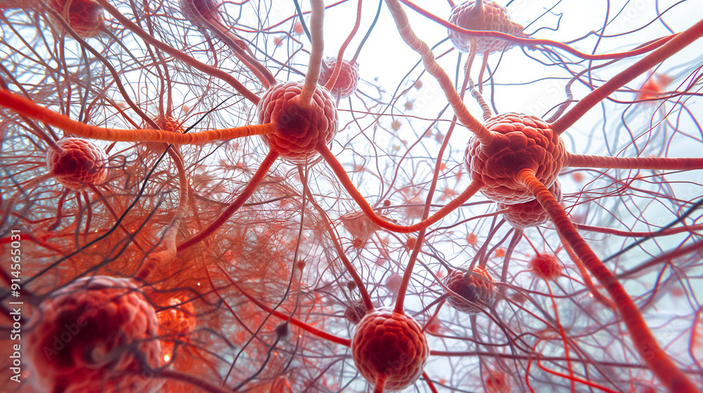 Poster closeup view of neurons and synapses in the brain, exploring complex biological interactions