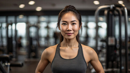 Fototapeta premium portrait of a fit asian female fitness instructor in a gym