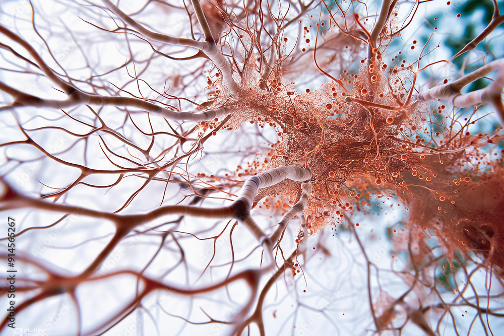 Poster closeup view of neurons and synapses in the brain, exploring complex biological interactions