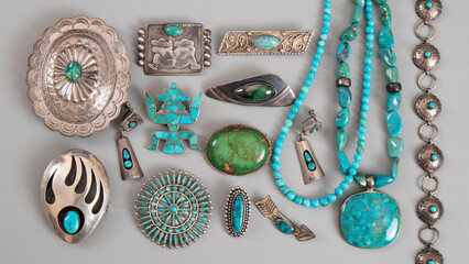 Lots of old jewelry with blue and green turquoise in silver. Native American handmade brooches,...