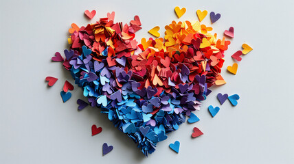 A vibrant rainbow heart made of colorful paper hearts.