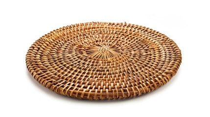 Wicker hot pad on white background. Round wicker mat