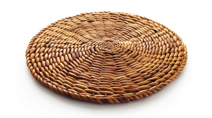 Wicker hot pad on white background. Round wicker mat