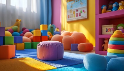 Play area with colorful blocks and plush toys.