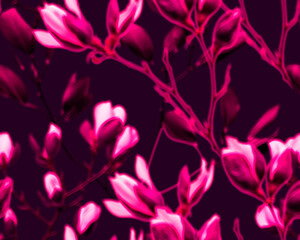 Gothic style seamless pattern with soft blurry magnolia branches and flowers. Halloween themed graphic print for clothing, fabric, wallpaper, home decor, wrapping paper