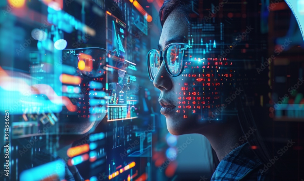 Poster data analytics, digital technology, and cybersecurity person on a 3d screen. code hologram and woman