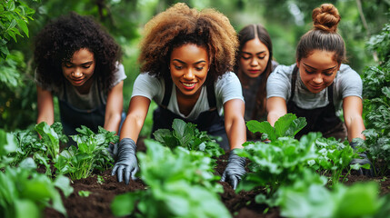 Group of diverse individuals working together to cultivate plants, symbolizing community farming and cooperative agricultural practices