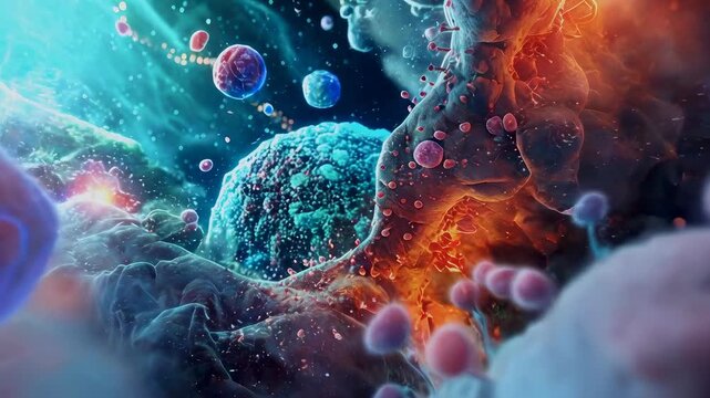This vibrant 3D render showcases a microscopic view of cells, with vivid colors highlighting their intricate details. The scene reveals both floating and merging cells, suggestive of a dynamic and