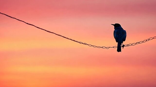 Silhouette of a bird on a wire in a heart shape on a pastel sunset background.