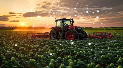 A smart tractor operates in a crop field at sunset, with digital network lines superimposed, symbolizing the integration of technology in agriculture.