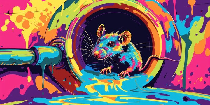 Colorful rat inside a colorful tunnel.