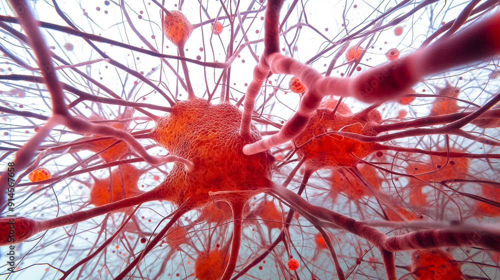 Poster closeup view of neurons and synapses in the brain, exploring complex biological interactions