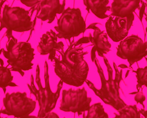 Gothic style seamless pattern with dark peonies flowers, heart and witch hands. Halloween themed graphic print for clothing, fabric, wallpaper, home decor, wrapping paper.