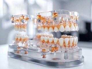 A close-up of a dental model with a clear plastic base, showcasing healthy, white teeth.