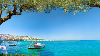 Fishing boats moored at the harbour, Sitia, Crete, Greece.	