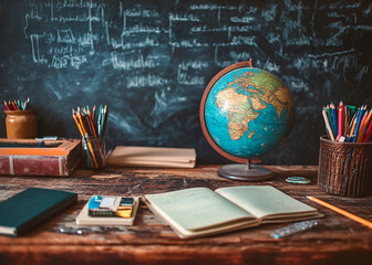 Vintage Classroom Desk with Globe and School Supplies