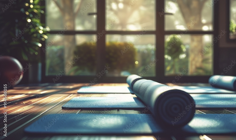 Aufkleber pilates session with exercise mats, flexible and precise, highlighting core strength