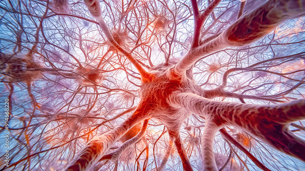 Poster closeup view of neurons and synapses in the brain, exploring complex biological interactions