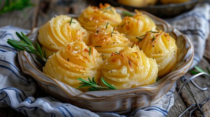 Close-up of Duchess potatoes in a beautiful plate, garnished with savory herbs. Consists of mashed potatoes with egg yolk and butter.