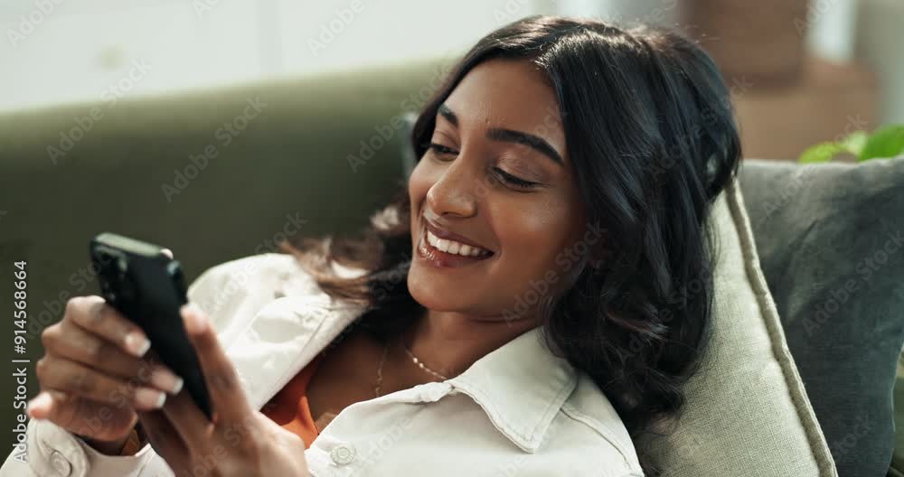 Poster woman, home and couch or happy on smartphone, internet and scrolling on social media for communicati