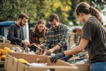 Community Volunteers Organizing Donations at a Local Food Drive in Autumn