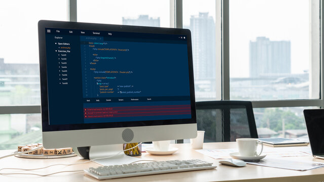 Software development programming on computer screen for modish application and program coding
