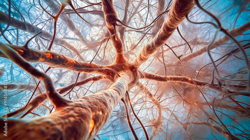 Poster closeup view of neurons and synapses in the brain, exploring complex biological interactions