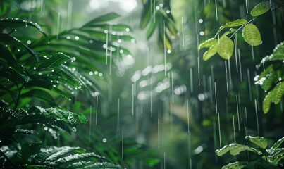 Fototapeta premium Rain in the rainforest: rain drops fall from the lush foliage of the rainforest, filling the air with the freshness and fragrance of greenery