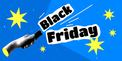 Collage style Black Friday banner. Halftone hand shining a flashlight on the inscription Black Friday. Trendy newspaper elements. Y2k style. Modern sale banner