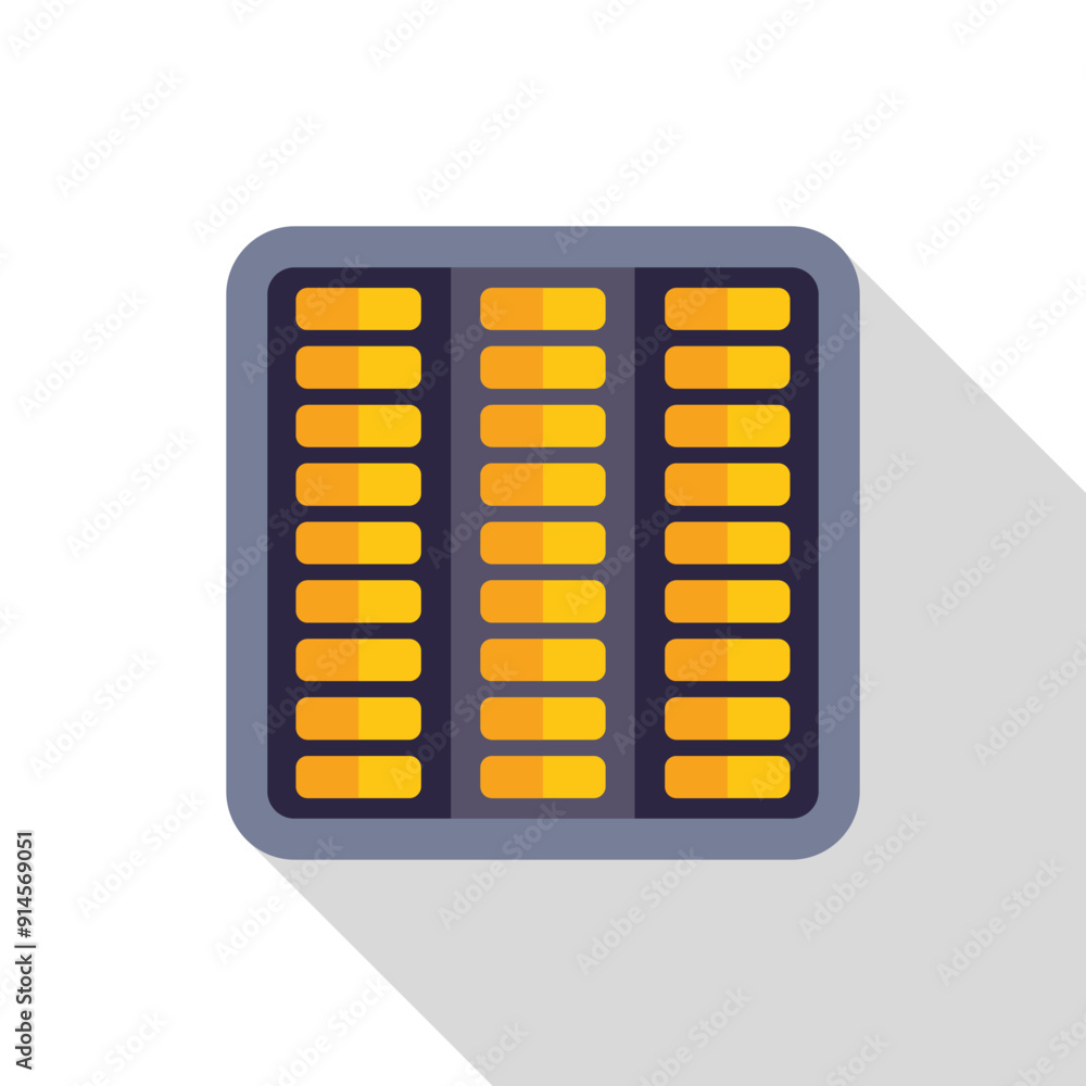 Poster electronic microchip showing three columns of golden contacts for computing power, flat style icon
