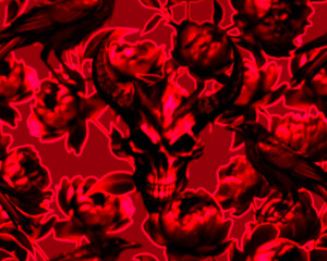 Gothic style seamless pattern with soft blurry peony buds, ravens, demon skull head. Halloween themed graphic print for clothing, fabric, wallpaper, home decor, wrapping pape