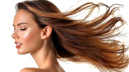 Naklejka premium Elegant woman with beautifully flowing long hair seen from behind on a white backdrop