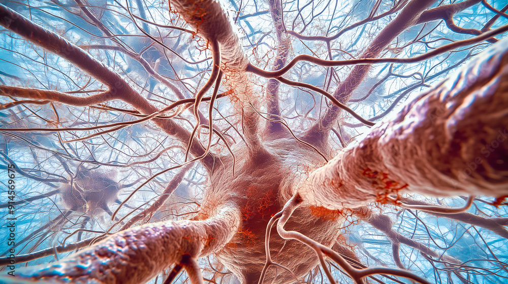 Poster closeup view of neurons and synapses in the brain, exploring complex biological interactions