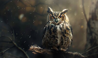 Realistic sketch of an owl perched on a branch, highlighting feathers and eyes