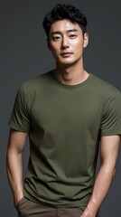 Obraz premium A handsome Korean man wearing an olive green t-shirt.