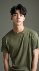 Fototapeta premium A handsome Korean man wearing an olive green t-shirt.