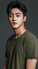 Obraz premium A handsome Korean man wearing an olive green t-shirt.